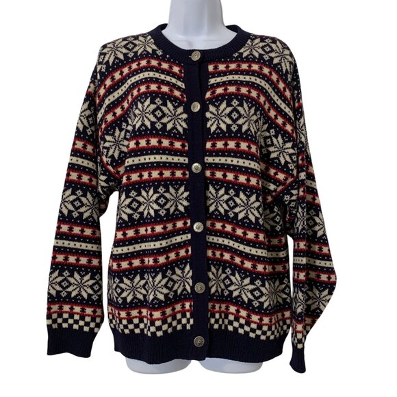 USA Pendleton 100% Wool Navy/Red/White Button-Up Cardigan Sweater Women SZ L VTG - Picture 1 of 7